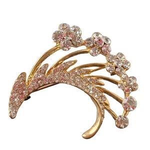 Gold-Tone Rhinestone Floral Wave Brooch Pin, 1.7" Vintage Style